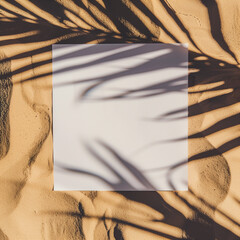 Wall Mural - Top view of a square blank white paper mockup on a sand background with a shadow from a palm tree, in the style of aesthetic background, flat lay.