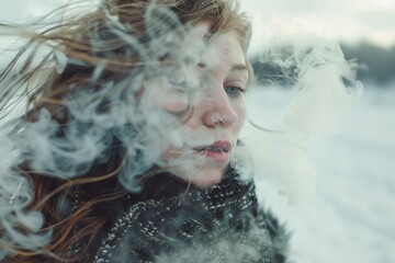 Sticker - Closeup of a thoughtful woman with her hair swept by a soft winter wind amidst a snowy landscape