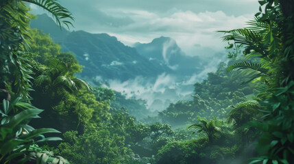 Sticker - A lush green jungle with mountains in the background