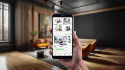 Wall Mural - Online marketplace application and website animation. E-commerce and shopping for furniture products. Marketing, commerce and seat sales home page.