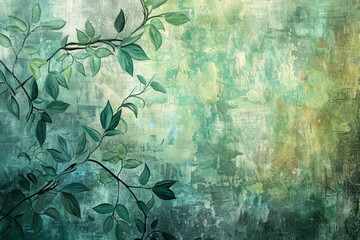 Wall Mural - A painting of a tree branch with green leaves and a green background