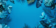 © Marcelo - Blue tropical leaves and foliage plant in blue flat color background with space for text
