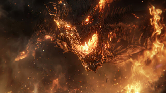 A fiery dragon with glowing eyes and a mouth full of fire
