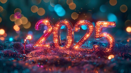 Wall Mural - Sparkling 2025 New Year Celebration with Festive Lights and Bokeh Background