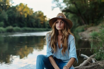 Sticker - Young woman sits by a tranquil river at dusk, exuding a relaxed vibe in her denim outfit and stylish hat