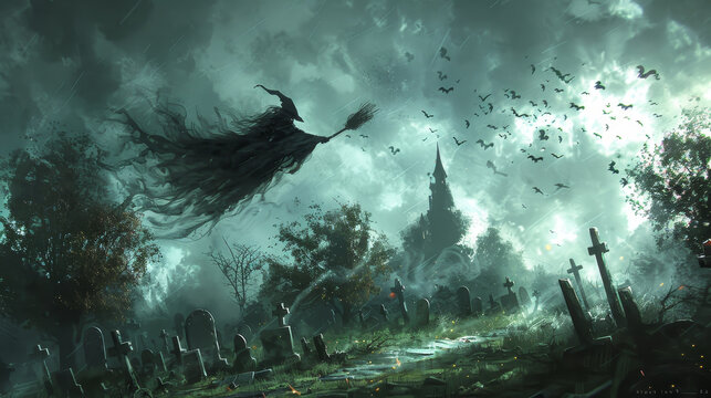 A witch flying a broomstick in a graveyard with a castle in the background