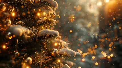 Wall Mural - Enchanted Christmas Tree Illuminated with Golden Lights and Snowflakes in Festive Scene