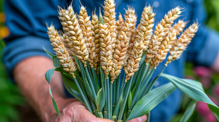 Wall Mural - Close-up of a farmer holding a fresh wheat harvest in a field, showcasing the bounty of agriculture and the beauty of golden grains.