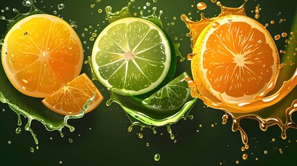 Wall Mural - Juice splash lemon, orange, lime set. Citrus splashig fresh collection realistic vector. 