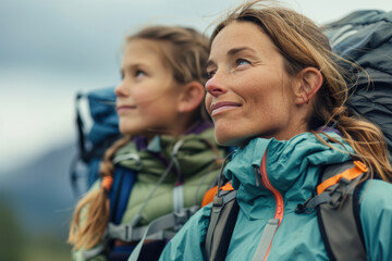 Mother and Daughter Hiking in Mountain at Dusk