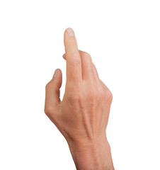 Finger touching, hand clicking. Gesturing index finger pointing, isolated white background. Press signal, choose selection. Human interaction, virtual screen tap, empty space, transparent cutout PNG