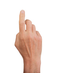Finger touching, hand clicking. Gesturing index finger pointing, isolated white background. Press signal, choose selection. Human interaction, virtual screen tap, empty space, transparent cutout PNG