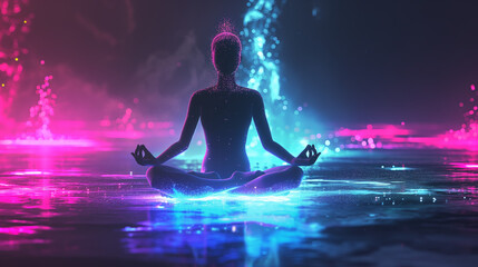 A person meditating in a lotus pose with blue and pink fire flames surrounding them.  The image is  abstract and ethereal.