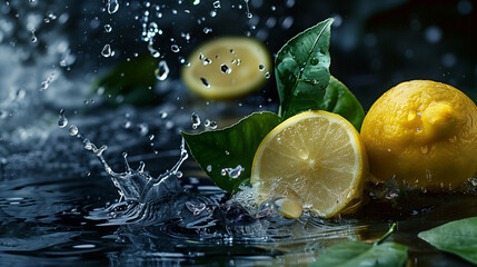 Wall Mural - Lemon with leaves and splashes of water on a monochrome background