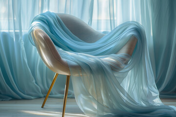 Poster - Elegant depiction of a cyan silk scarf draped over a minimalist chair,