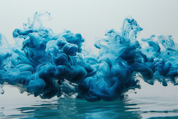 Aufkleber - Simple image of cyan ink swirling in clear water, set against a plain white backdrop,
