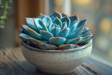 Leinwandbilder - Simple photo of a cyan-hued succulent plant in a white pot,