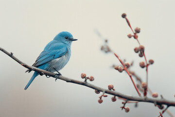 Poster - Minimalist aesthetic of a cyan bird perched on a neutral-colored branch,