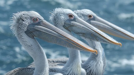 Poster -   Three pelicans stand together on a beach near water with waves in the background