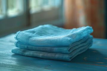 Poster - Minimalist photo of a cyan handkerchief folded neatly on a smooth surface,