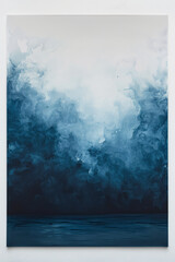 Poster - Elegant depiction of a cyan abstract painting on a clean white wall,
