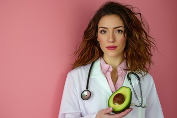 Female doctor holding an avocado against a pink background, promoting healthy eating