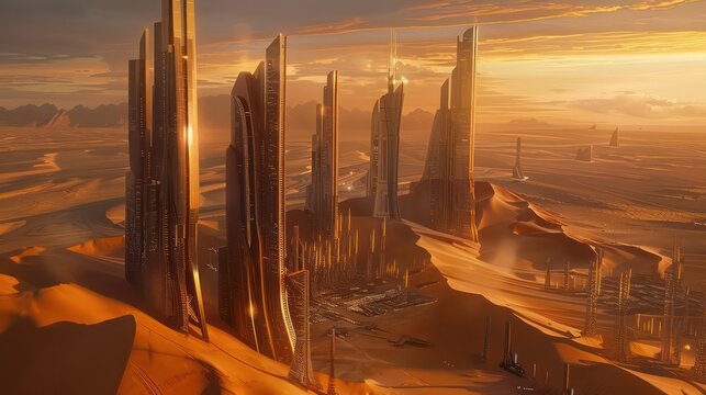 An aerial view of modern futuristic skyscrapers in the desert