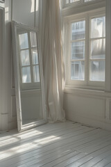 Aufkleber - Minimalist aesthetic image of a funhouse mirror distorting a simple room with clean lines,