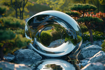 Aufkleber - Simple photo of a warped mirror placed in a minimalist garden, reflecting nature's curves.