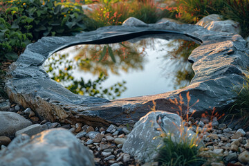 Aufkleber - Simple photo of a warped mirror placed in a minimalist garden, reflecting nature's curves.