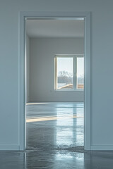Aufkleber - Simple image of a funhouse mirror reflecting a serene, minimalist room,