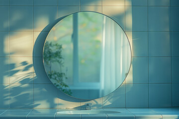 Aufkleber - Simple image of a curved mirror creating an abstract reflection in a minimalist bathroom,