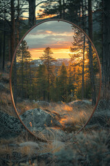 Poster - Minimalist aesthetic of a curved mirror reflecting a tranquil, distorted forest scene,