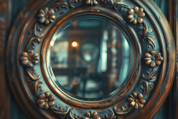 Poster - Elegant shot of a vintage warped mirror reflecting a modern, minimalist interior,