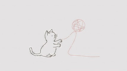 Sticker -   Drawing of a cat playing with a string-attached ball of string