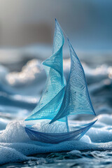 Fototapete - Elegant photo of a string art sailboat, with blue and white threads on a minimalist background,