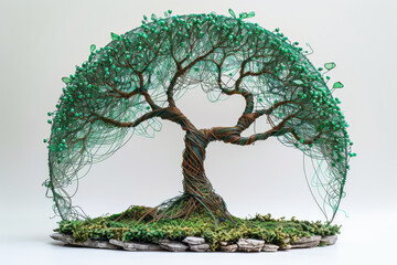 Aufkleber - Simple image of a string art tree of life, with green and brown threads on a plain white canvas,