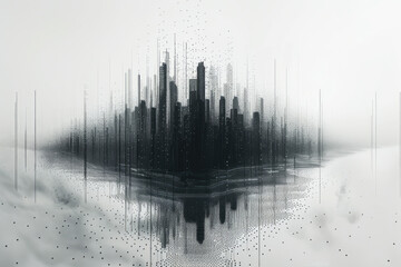 Aufkleber - Minimalist image of a string art cityscape, with grey threads creating a skyline on a white board,