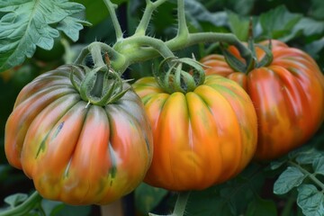 Poster - Vibrant heirloom tomatoes ripen on a lush vine in a garden setting