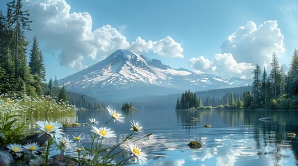 Wall Mural -   A painting of a mountain with a lake in the foreground and daisies in the background