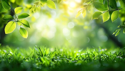 Wall Mural - Spring summer background with juicy lush green grass on meadow in morning sunny light outdoors, frame of grass and leaves on nature, copy space, soft focus, defocus background, nature background 