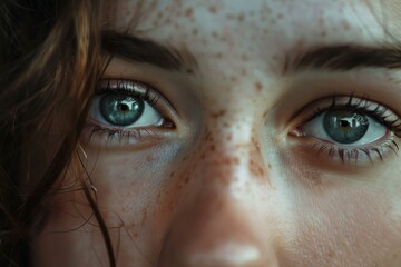 Sticker - Macro shot capturing the intricate details of a young woman's freckled face and deep blue eyes