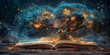 © QuietWord - big ancient oak tree pop out,  enchanted magic fairytale book with fantasy scene pop up on page, with glitter glow light