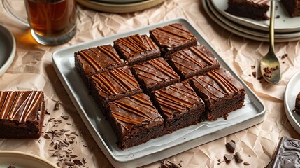 Poster -   A brownie and tea set on a table; also chocolate cake