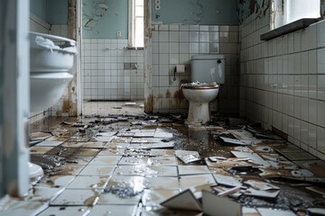 Canvas Print - A filthy bathroom with a toilet covered in toilet paper and a toilet brush