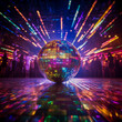© Marina - Colorful disco ball reflecting light patterns on a crowded dance floor