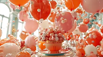 Poster -   A spacious room adorned with numerous balloons and a towering cake on a plate at its center