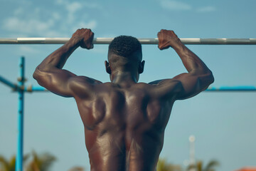 Wall Mural - Strong athletic man pulls up on horizontal bar on sportsground