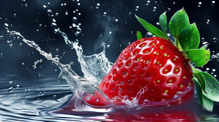 Wall Mural - Strawberry  with leaves and splashes of water on a monochrome background