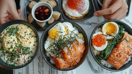 Wall Mural -   Three bowls with salmon, eggs & other foods on a white tablecloth